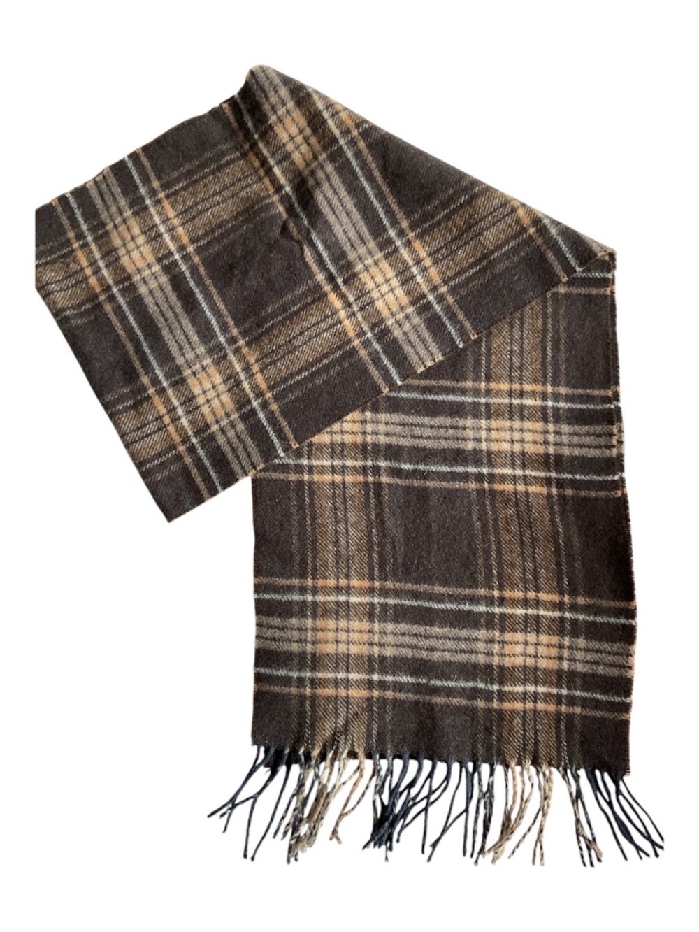 Pure Cashmere Scarf Blue Grey Cream Plaid Tartan Rectangle Fringe Very Soft